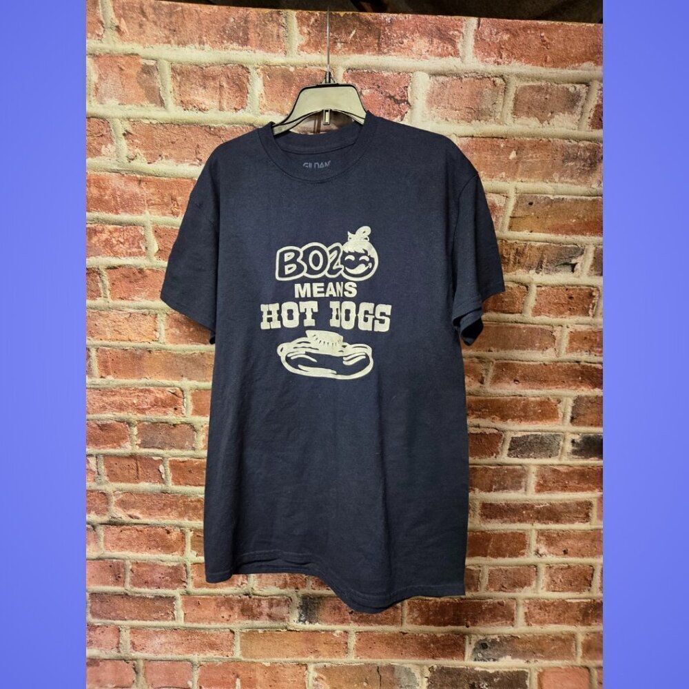 Bozo Means Hotdogs T-Shirt Medium‎ Navy Gildan Dri-Blend Crew Neck Short Sleeve